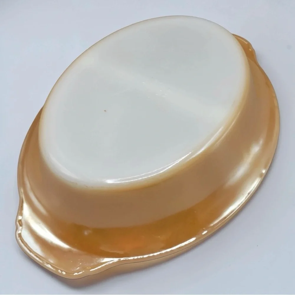 Vintage Fire King Peach Luster Reverse Logo Divided Casserole Serving Dish #468